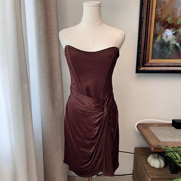 Zara Chocolate Brown Strapless Satin Mini Dress - Picture 1 of 5